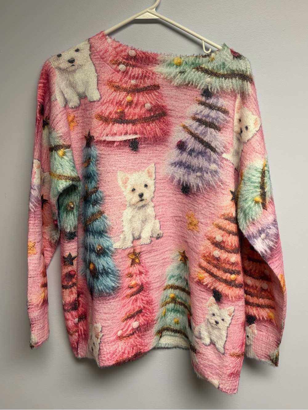 Cozy Pink west highland white terrier Holiday Sweater with tree Print